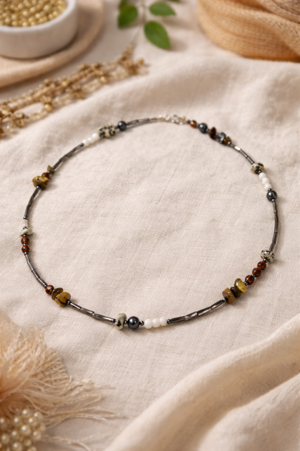 Tiegerauge Jaspis Selenit Kette - Magnetis